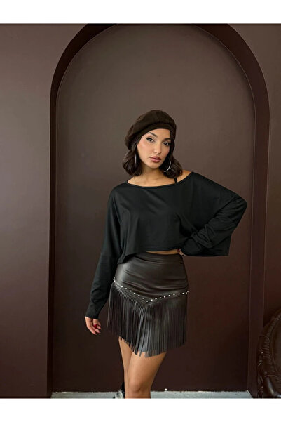 cemo Women's Tasseled Mini Skirt Studded Leather-Look Short Fringed Skirt Black