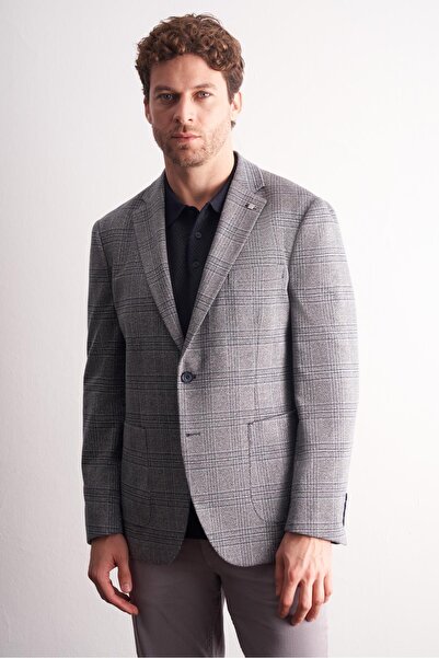 İmza Navy Blue Mono Collar Plaid Pattern Cotton 6 Drop Comfort Fit Classic Jacket 1002255152