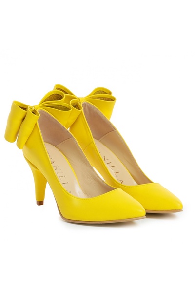 Vanilla Days Cleopatra Yellow Leather Kitten Heel Stilettos with Bow