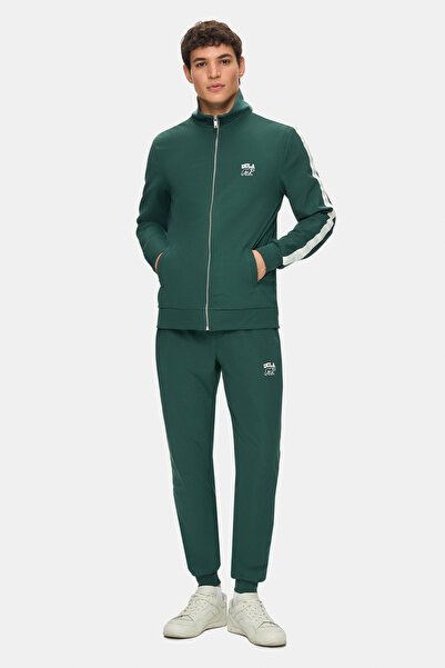 UCLA Salvador Dark Green Shrink-Fit Cuffed Elasticated Printed Standard Fit Men's Tracksuit Bottoms
