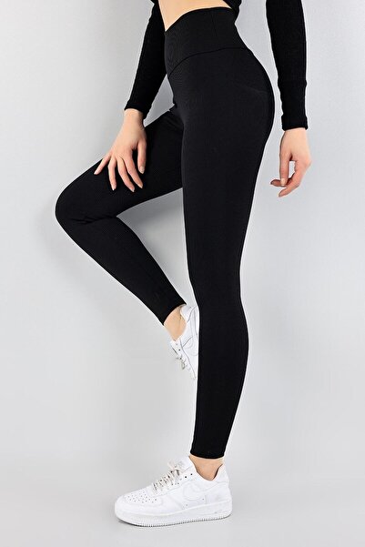 Tusebu Women's Black High Waist Ribbed Fitness Leggings