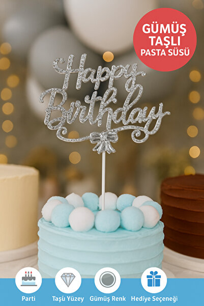 TOYFEST Gümüş Taşlı Happy Birthday Pasta Süsü – Parlak Metal Yazı, Işıltılı Doğum Günü Dekoru