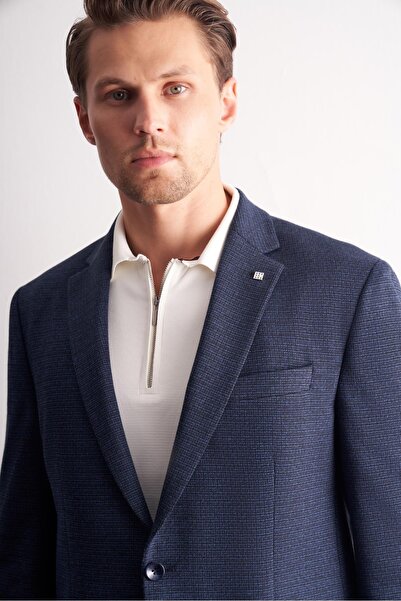 İmza Navy Blue Mono Collar Self Patterned Cotton 4 Drop Comfort Fit Classic Jacket 1002255157