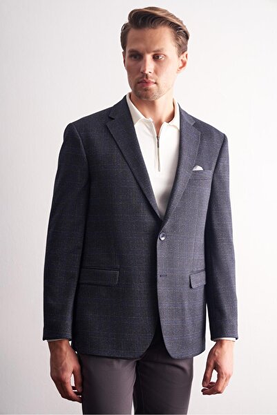 İmza Navy Blue Mono Collar Checkered Pattern Stretchable 4 Drop Comfort Fit Classic Jacket 1002255156