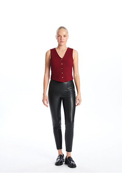 LC Waikiki Burgundy V-Neck Textured Women's Vest