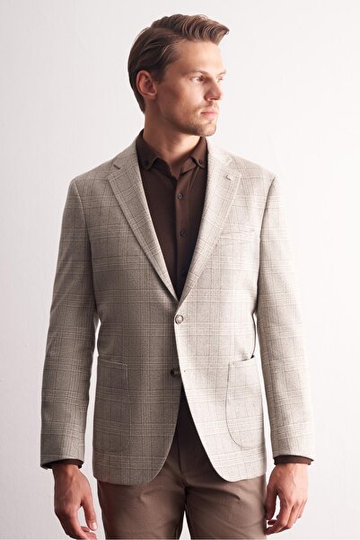 İmza Stone Color Mono Collar Plaid Pattern Cotton 6 Drop Comfort Fit Classic Jacket 1002255152