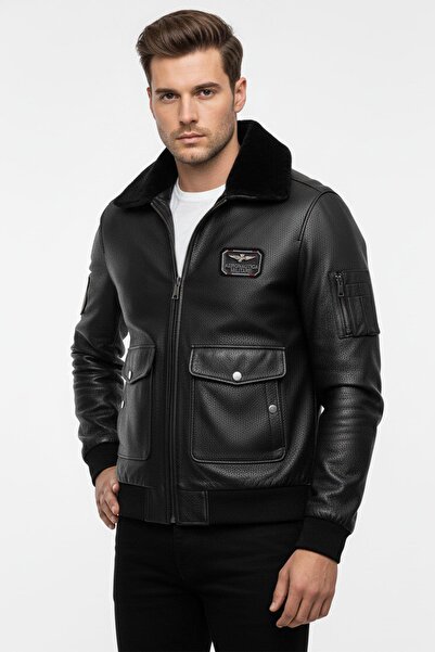 Deriderim Black Top Gun Collar Furry Men's Genuine Leather Coat