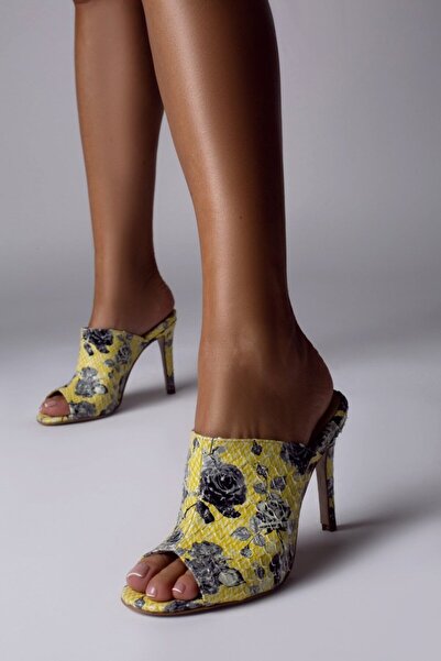 Vanilla Days Azara Stiletto Mules, Floral Python Leather, Yellow, 9cm Heel