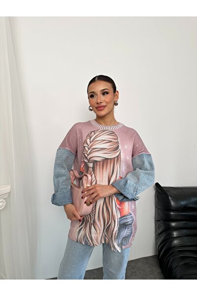 Hatun Atila Pulover lung HatunAtila cu mâneci lungi din denim cu model guler ...