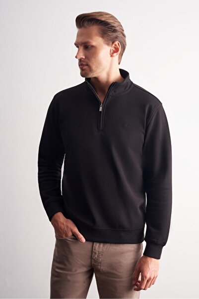 İmza Μαύρο μακρυμάνικο φούτερ με γιακά δικαστή, απλό βαμβακερό Comfort Fit 1013255151