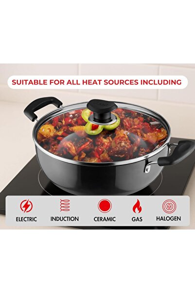 Vinod Hard Anodized Deep Kadhai with Glass Lid - 2.6L, 22cm, 3.25mm, Black