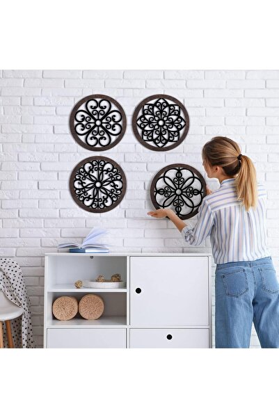 Generic ديكور جداري ريفي من الخشب السميك - لوحة جدارية دائرية بتصميم مزرعة، مكونة من 4 قطع (أسود/بني، 10 × 10 بوصة)