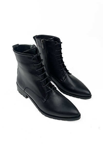 RABU حذاء نسائي أسود من الجلد الطبيعي برباط ومقدمة مدببة