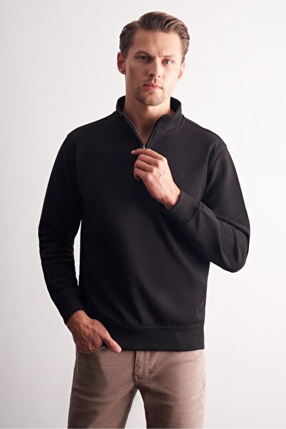 İmza Μαύρο μακρυμάνικο φούτερ με γιακά δικαστή, απλό βαμβακερό Comfort Fit 1013255151