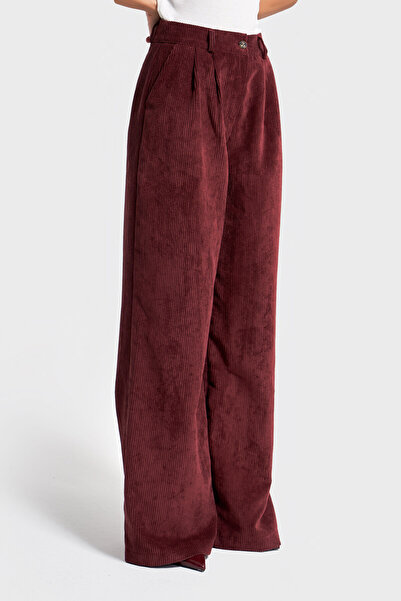 its basic Women's Burgundy Color W5-35 Super Palazzo Fit Pleated Thick Corded Fabric Velvet Velvet Fabric Trousers