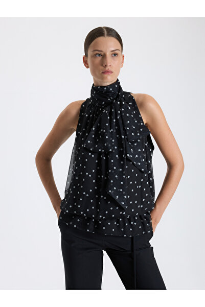 BAQA Polka Dot Sleeveless Blouse with Tie Scarf