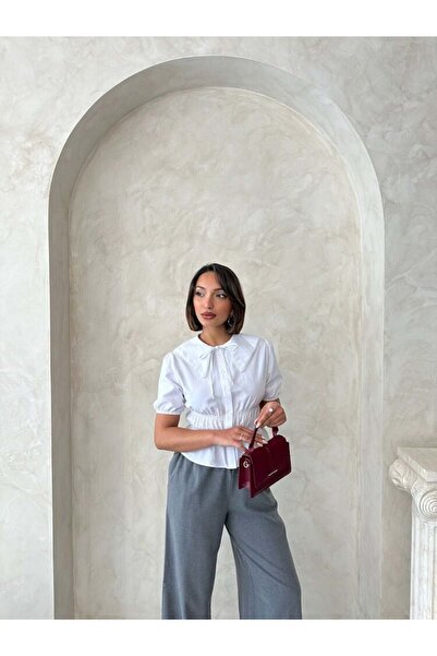 BRGCLOTHING Cămașă albă din bumbac guler tip Peter Pan cu detalii