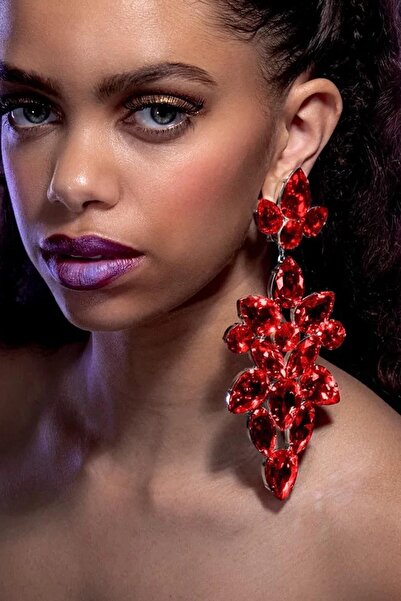 TAKIŞTIR أقراط فستان سهرة حجرية حمراء اللون أقراط حناء/عروس (زوج)