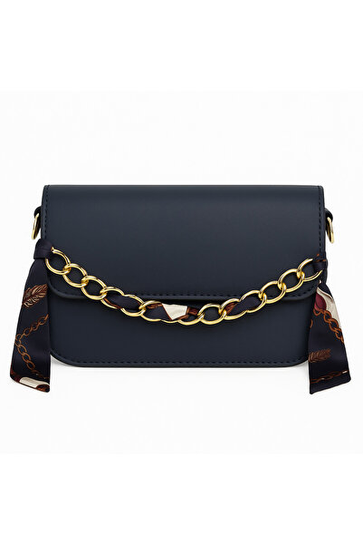 Global Zincir Detaylı Lacivert Kadın Omuz Çantası – Şal Aksesuarlı Şık Model
