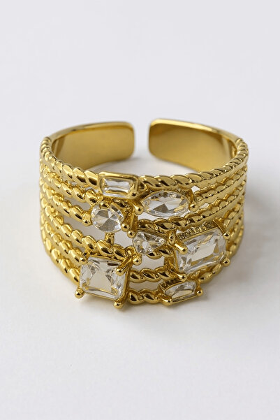 TAKIŞTIR Adjustable Steel Ring with Gold Color Stone Detail