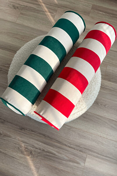 RİTMOHOME Çizgili Biyeli Kış Yılbaşı Yeni Yıl Dekoratif Silindir Yastık Kırmı...