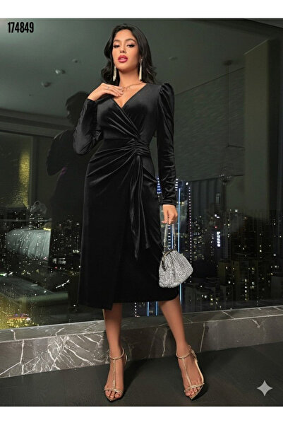 Viyamo Women's Long Sleeve Double Breasted Collar Side Gathered Midi Velvet Dress