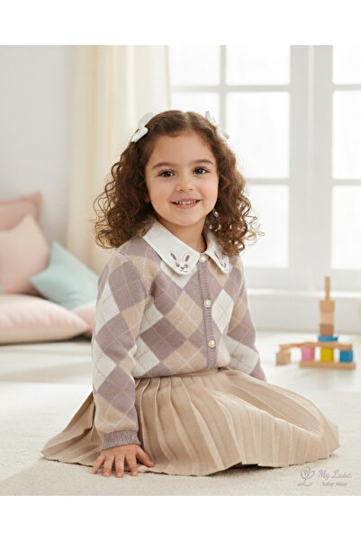 My Lusa baby wear My Lusa Baby Maral Girls' Knitwear Jacket and Pleated Skirt Set - 2-5 Years Old (Coffee / Lilac / Black)