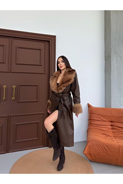 D'RECCY Women's Fur Collar Plush Sleeves Long Faux Leather Coat with Belt at the Waist