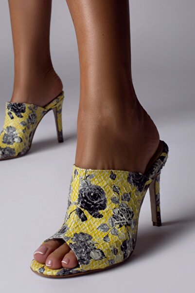 Vanilla Days Azara Stiletto Mules, Floral Python Leather, Yellow, 9cm Heel