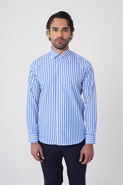 Bisse Erkek Regular Fit Uzun Kol İtalyan Yaka Pamuk Mavi Gömlek