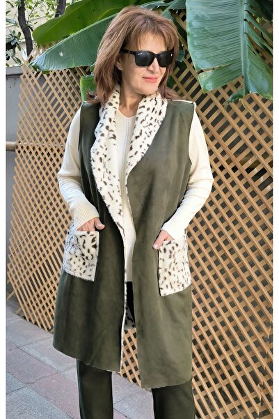 DenizEge Italian Nubuck Pocketed Leopard Vest Khaki