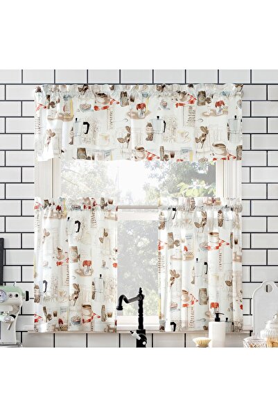 No. 918 Café-Inspired Semi-Sheer Layered Short Kitchen Curtain Set, 3 Pieces, 54" x 24", White