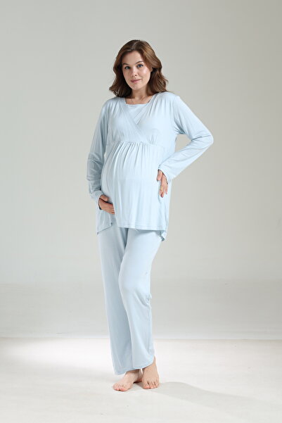 LOHOUSE Women's Blue Ruffled Shawl Collar Cotton Maternity Pajama Set with Dressing Gown 3-Piece Set