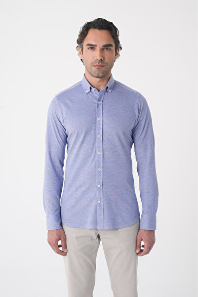 Bisse Men's Long Sleeve Pasha Collar Cotton Knitted Pocketless Indigo Shirt