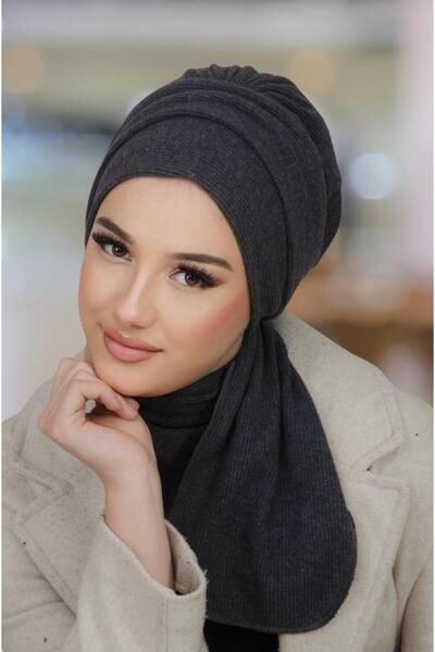 Aişe tesettür Anthracite Knitwear Scarf Hijab Bonnet