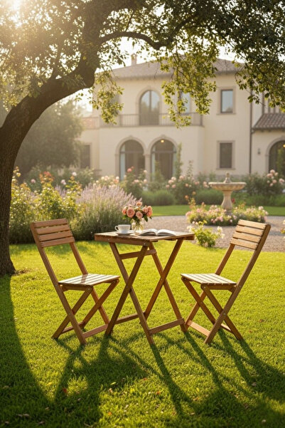 suntadan 3'lü Ahşap Bistro Set - 2 Kademeli Katlanır Masa ve Sandalye