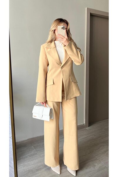FMN Moda Palazzo Wide-Leg Pants with Quality Lining, Shoulder Pad Pieces, Waistband with Slight Shrinkage, Pocket Detail, Blazer Jacket Suit