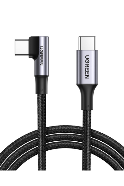 Ugreen USB-C 100W 5A QC PD 90 Derece Örgülü Hızlı Şarj Kablosu, 1 Metre, Siyah, 70643