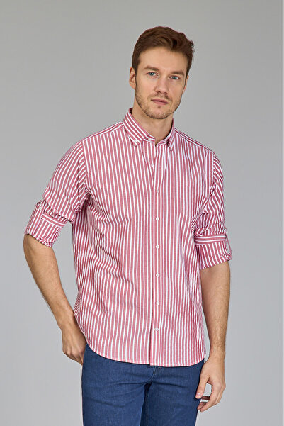 Bisse Regular Fit Paşa Yaka Çizgili Kırmızı Pamuk Erkek Gömlek