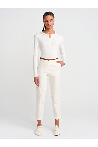 Dilvin Kadın Örgü Kemerli Ekru Krem Chino Pantolon