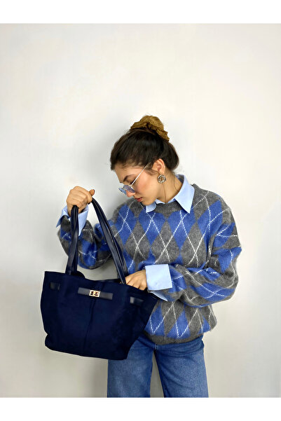 Krc Atelier Kadın Mavi-Gri Bisiklet Yaka Baklava Desenli Triko Kazak