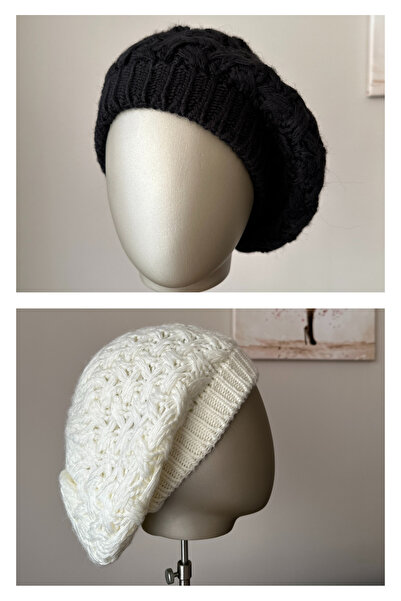 Amor Center Ressam Model Braided Soft Knitwear Winter Beanie 2-Pack Black-White