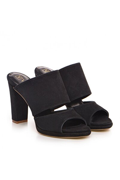 Vanilla Days Black Suede Low Thick Heel Mules - Genuine Leather