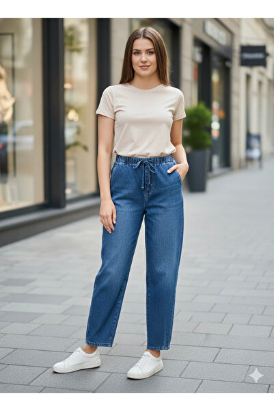 cemo Women's Elastic Waist Jeans Lace-Up Jogger Model Comfortable Cut Blue Denim Jean