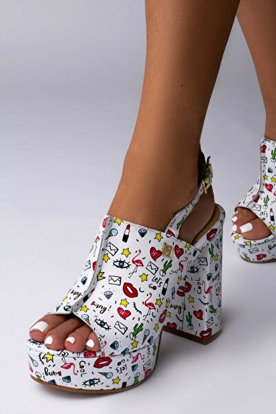 Vanilla Days Ivona White Genuine Leather Block Heel Mules with Colorful Print & Gold Accents