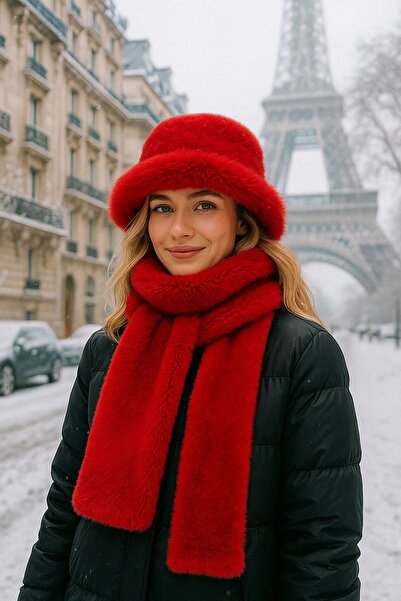 MARBERRY Red Soft Textured Plush Kalpak Hat Neck Collar Set of 2