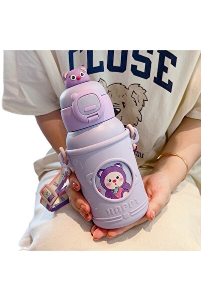 Mixbo Kids Thermos with Straw and Strap, Bear Design, Purple, 500 ml