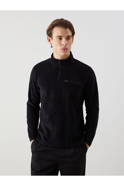 LC Waikiki Black Stand Collar Long Sleeve Fleece Men's Sweatshirt