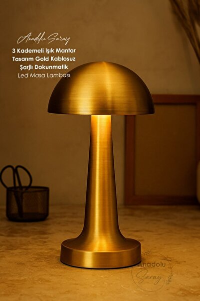 Anadolu Saray 3 Kademeli Işık Mantar Tasarım Gold Kablosuz Şarjlı Dokunmatik ...