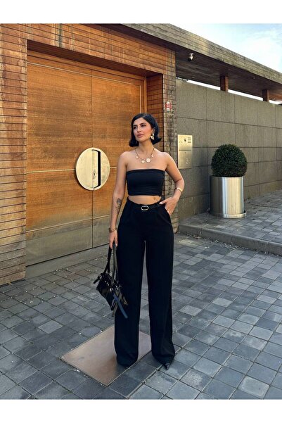 MIZUKI High Waist Navy Blue Knitted Crepe Fabric Trousers